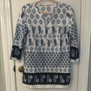 Talbots Blue and White Boxy Tunic with Cuffed Sleeves